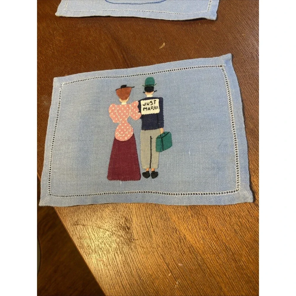 Vintage Cocktail Napkins Married  Couple Wedding Gift Madeira Embroidered Linen